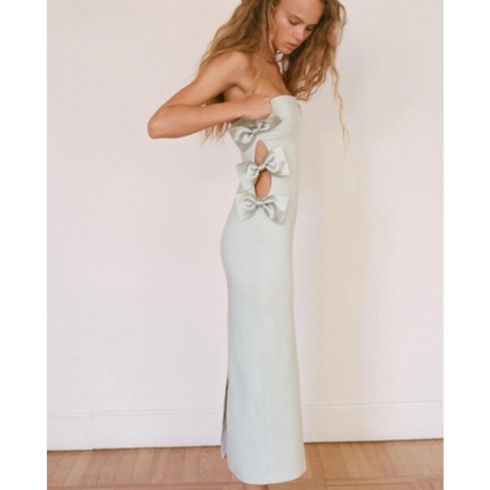 Bloggers Fave Zara Bow Dress, Size S Light Blue Green Sage - Picture 4 of 11